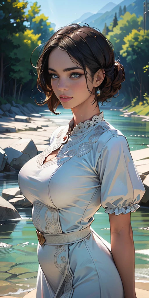 1girl, beautiful detailed eyes, beautiful detailed lips, extremely detailed face and portrait, white dress, standing by river, slight smile, splashing water, sunlight, (best quality,4k,8k,highres,masterpiece:1.2),ultra-detailed,(realistic,photorealistic,photo-realistic:1.37),intricate details, soft lighting, serene landscape, vivid colors, cinematic composition