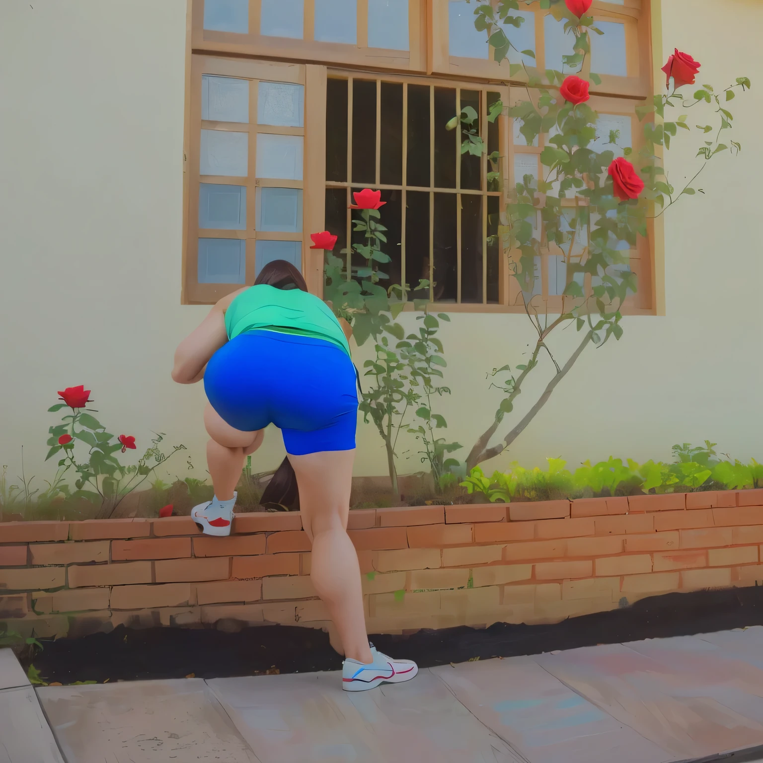 In the image, a beautiful Brazilian woman with white skin, short dark brown hair, who is standing on a brick wall, bent over, photo from the back, side photo, picking a flower, photo from the back, transforming into a giant rose, photo from behind, outside a house, sneaking, shot from behind, in shorts, shapely back, wearing blue shorts ((blue)) and green tank top ((green)), photo with hidden camera, striking a cheeky pose, photo rear. Fitness woman, perfect arms, perfect body. She is around 40 years old, 162 cm tall and weighs 56 kg. Her body exudes glamor and her face is a definition of beauty. Slender body, thin waist. Highly realistic, hyperrealism, very elaborate skin, high quality photo. Sharp Photo, High Resolution, High Quality, Masterpiece, 16K Photo, Sharp Photo, High Contrast, Masterpiece, (Photographically Realistic), NUDE, NUDITY, NFSW.