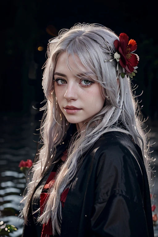1 woman,solo,((beautiful detailed eyes)), (detailed light),depth of field,(white hair),silver eyes,hair over one eye,(red flower ), hair flower,long hair,black cloak,wet,emotionless,looking back,night,starfall,raining,fog,red flowers falling,sketch,upper body,intense shadows