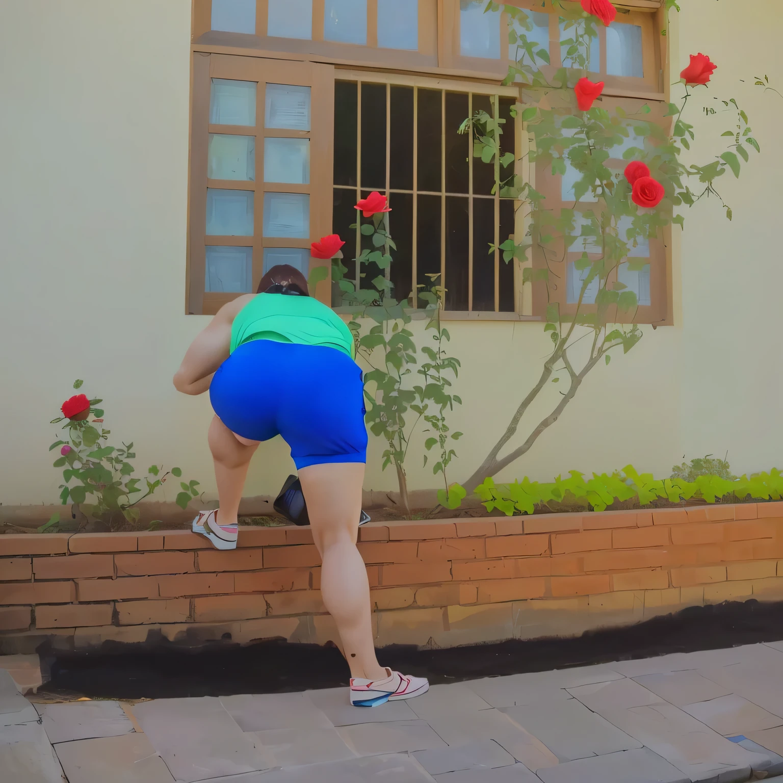 In the image, a beautiful Brazilian woman with white skin, short dark brown hair, who is standing on a brick wall, bent over, photo from the back, side photo, picking a flower, photo from the back, transforming into a giant rose, photo from behind, outside a house, sneaking, shot from behind, in shorts, shapely back, wearing blue shorts ((blue)) and green tank top ((green)), photo with hidden camera, striking a cheeky pose, photo rear. Fitness woman, perfect arms, perfect body. She is around 40 years old, 162 cm tall and weighs 56 kg. Her body exudes glamor and her face is a definition of beauty. Slender body, thin waist. Highly realistic, hyperrealism, very elaborate skin, high quality photo. Sharp Photo, High Resolution, High Quality, Masterpiece, 16K Photo, Sharp Photo, High Contrast, Masterpiece, (Photographically Realistic), NUDE, NUDITY, NFSW.