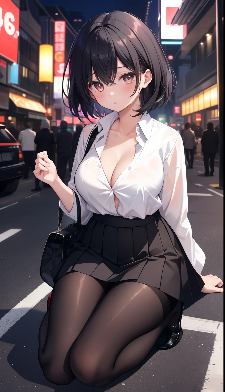 One Girl、positive、Standing posture、Full body portrait、Black Hair、Medium Haircut、blush、Absolute area、Black knee-high socks、Knee-length、stockings、Black Pantyhose、No panties、No bra、Round-neck blouse、mini skirt、Japanese high school students、Summer clothes、Night entertainment district、night、(Very large breasts)、Cleavage、open chest shirt、((Lesbians around the world))、masterpiece、(highest quality)、
Panties around the ankles、Black Loafers、Shirt buttons fly off、Unbutton your shirt、Exposing the breasts、Bare your breasts、Very large breasts、Big breasts that can't be hidden、Landmine Girl、Landmine fashion