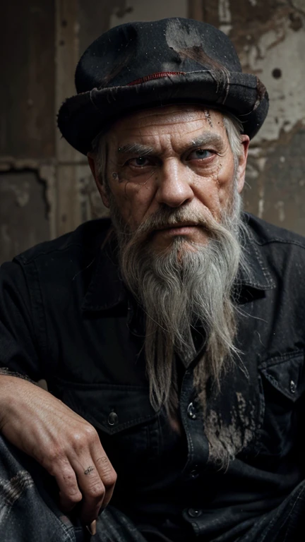 Old male figure, rincled skin, detailed wrinkled skin, detailed skin, sitting down, legs crossed, brown skin, looking at the camera, grey long beard, dirty red and black flannel shirt,old black magician hat, slash old hat, old looking decay magicians hat, masterpiece, best quality, extremely detailed, cinematic lightning, intricate detail, highres, official art, finely detailed face, high resolution illustration, 8k, depth of field, solo, 1man, a man with short white hair and blue eyes, short gray hair, detailed blue eyes, rchaotic city, upper body, looking at viewer, superb portrait, post apocalyptic background, zombie decay skin, detailed face decay, decay, terror, scary looking, extremely detailed eyes, extremely realistic photo, extreme terror, midnight moon, long white beard, gothic looking, long white bearded old man