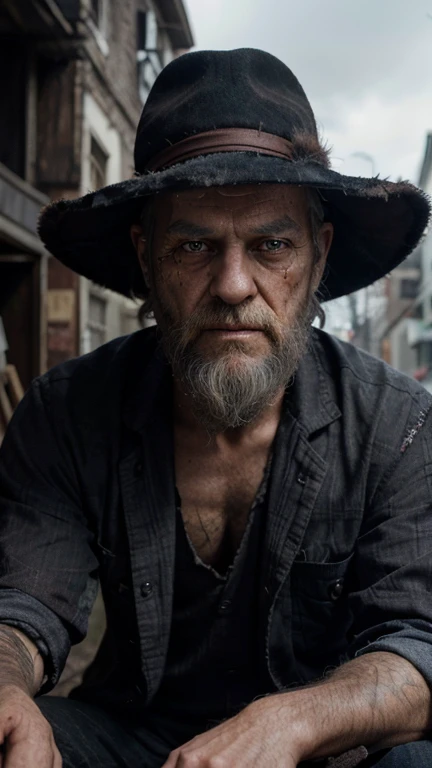 Old male figure, rincled skin, detailed wrinkled skin, detailed skin, sitting down, legs crossed, brown skin, looking at the camera, grey long beard, dirty red and black flannel shirt,old black magician hat, slash old hat, old looking decay magicians hat, masterpiece, best quality, extremely detailed, cinematic lightning, intricate detail, highres, official art, finely detailed face, high resolution illustration, 8k, depth of field, solo, 1man, a man with short white hair and blue eyes, short gray hair, detailed blue eyes, rchaotic city, upper body, looking at viewer, superb portrait, post apocalyptic background, zombie decay skin, detailed face decay, decay, terror, scary looking, extremely detailed eyes, extremely realistic photo, extreme terror, midnight moon, long white beard, gothic looking, long white bearded old man