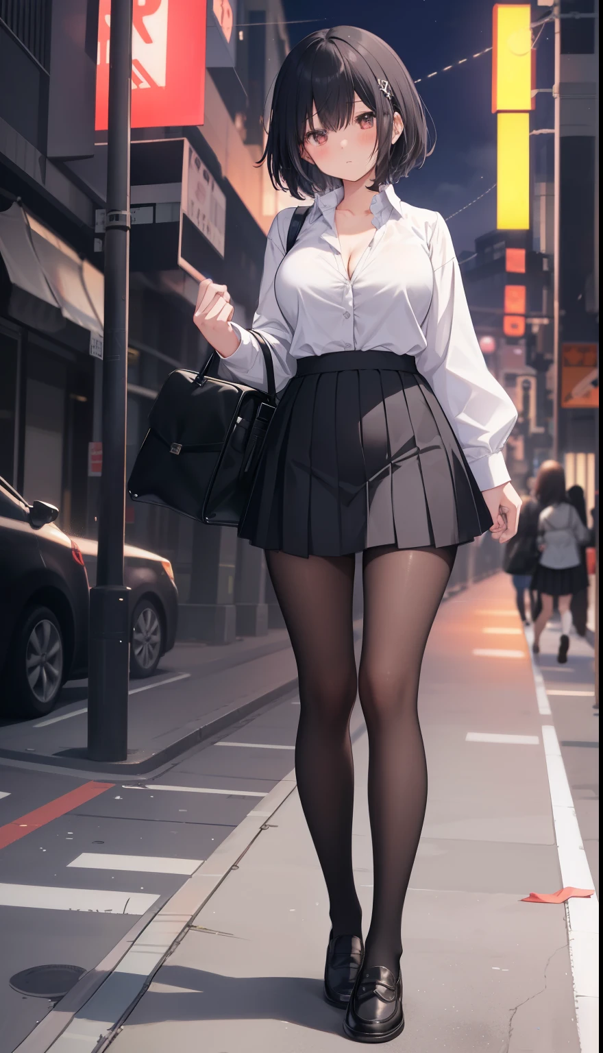 One Girl、positive、Standing posture、Full body portrait、Black Hair、Medium Haircut、blush、Absolute area、Black knee-high socks、Knee-length、stockings、Black Pantyhose、No panties、No bra、Round-neck blouse、mini skirt、Japanese high school students、Summer clothes、Night entertainment district、night、(Very large breasts)、Cleavage、open chest shirt、((Lesbians around the world))、masterpiece、(highest quality)、
Panties around the ankles、Black Loafers、Shirt buttons fly off、Unbutton your shirt、Exposing the breasts、Bare your breasts、Very large breasts、Big breasts that can't be hidden、Landmine Girl、Landmine fashion