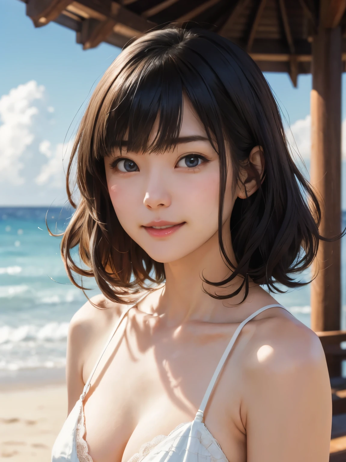 1 girl、highest quality、Realistic、alone、Written boundary depth、Natural soft light、Daytime、charm、Beautiful Face、Cleanliness、Pure Face、White skin、cute、short hair、prohibit、Beach、Light of the sun、Nedium Breast Body Esbian、((セーターを着たBeautiful Faceの黄金比 対称性のあるBeautiful Face))、Long neck、Listen carefully、prohibitのあるきれいな短いボブヘア、Laugh with your mouth closed、Perfect hands指、Perfect hands、Perfect body、Perfect Face、Shine a light into your eyes、Perfect Anatomy:1.4、とてもcuteスーパーモデル:1.4、{Huge|big|Hugeな|Mega} chest:2, chestの谷間:2、transparent、transparent性、Grossoisture、Shine、Cool feeling、Beautiful gradation blue sky:2