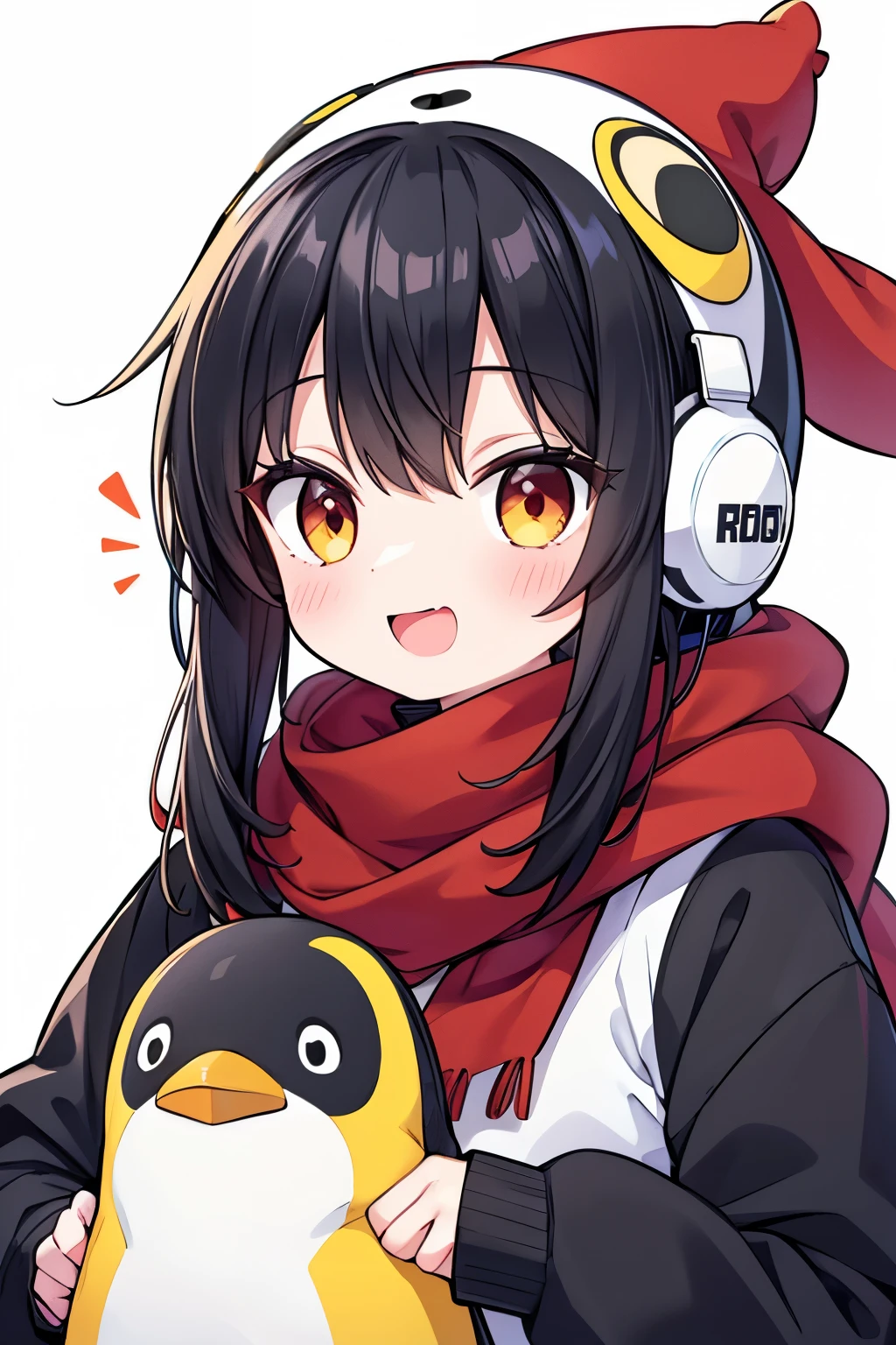Woman in a penguin costume(About 10 years old、upright、Black Hair、Red scarf、Yellow headphones、laughing)、Facing forward、The entire upper body and head are visible