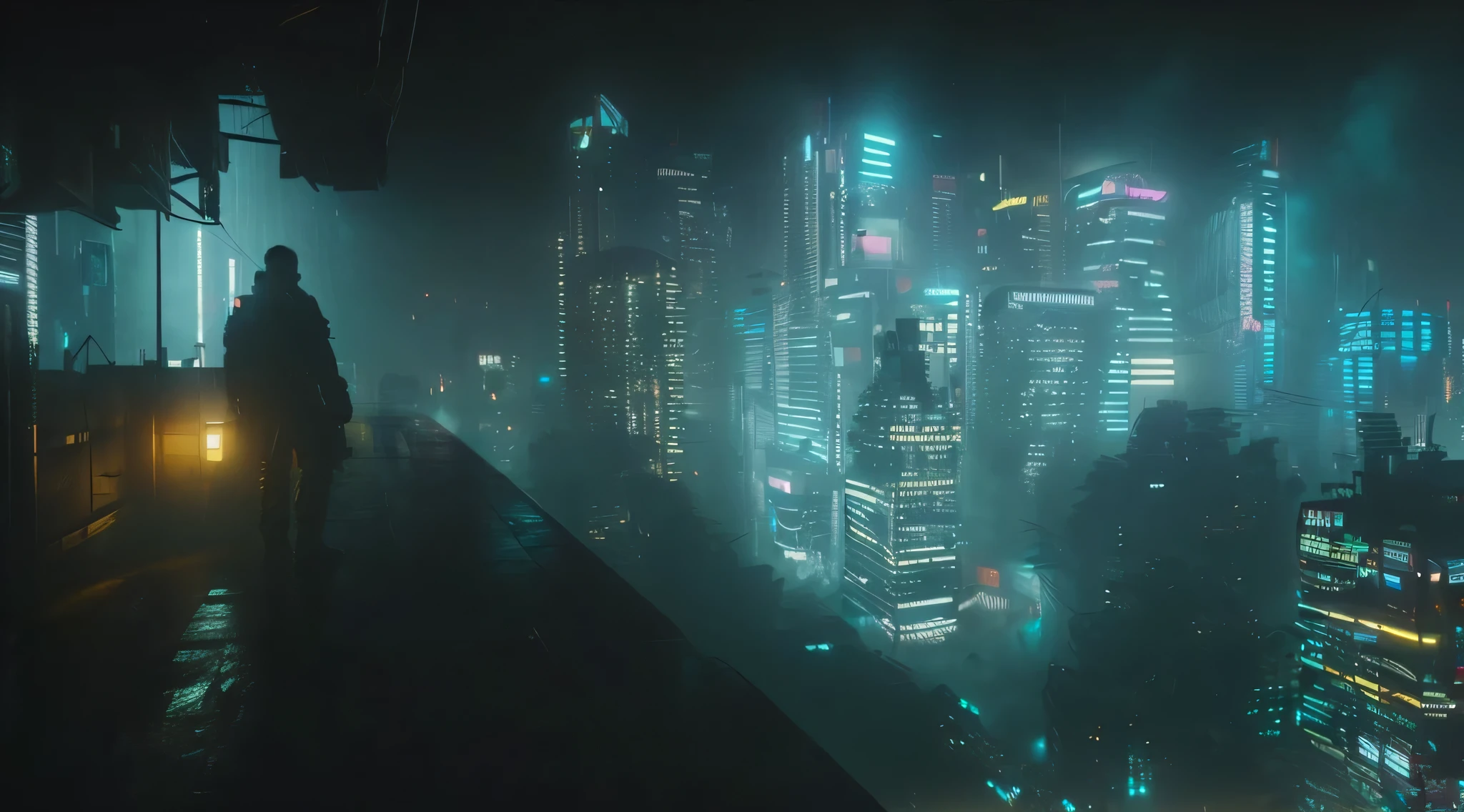 um homem parado em um quarto escuro com o horizonte de uma cidade ao fundo, cidade cyberpunk hiper-realista, Paisagem da cidade de Bladerunner, blade runner vibes, como uma cena de blade runner, cidade de blade runner, cyberpunk city in the distance, cyberpunk 2 0 7 7 noite cidade, cinematic neon matte painting, Blade runner with 4K resolution, cidade de blade runner background