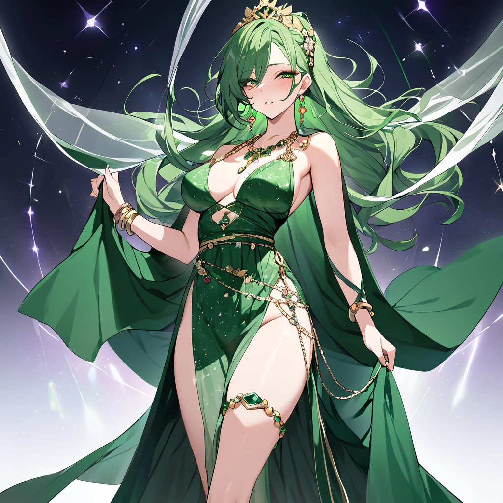 ((highest quality)), ((masterpiece)), (detailed), （Perfect Face）、The woman is Lydia, with long, asymmetrical green hair.、A gorgeous green long slit see-through dress that lets you see through to the skin, a see-through cape with fur, a necklace with jewels, a tiara, earrings, a head dress-up chain, a waist chain, bracelets, ankle bracelets, etc.々She wears lavish jewelry and shiny green boots.