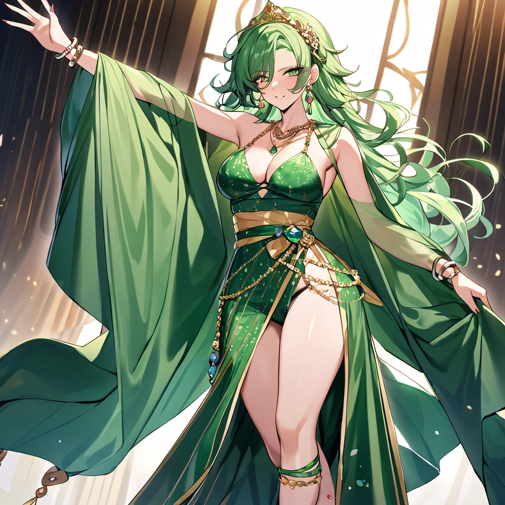 ((highest quality)), ((masterpiece)), (detailed), （Perfect Face）、The woman is Lydia, with long, asymmetrical green hair.、A gorgeous green long slit see-through dress that lets you see through to the skin, a see-through cape with fur, a necklace with jewels, a tiara, earrings, a head dress-up chain, a waist chain, bracelets, ankle bracelets, etc.々She wears lavish jewelry and shiny green boots.