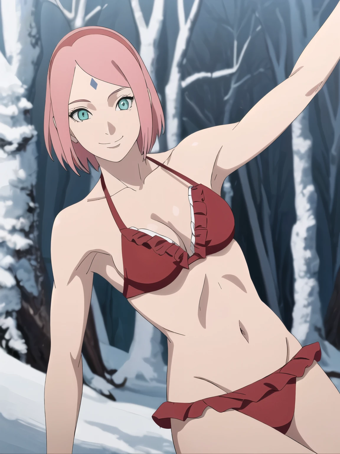 anime style, solo, 1 woman, warm, from right, close view, (gorgeous armpit , laying on tree), super ultra details, bold drawing lines, very high resolution, perfect anatomy, ultra detailed face, high vibrance, (blue light), ((cold colors)), 1girl, haruno sakura, (slim body, warm skin, thin belly , off-shoulders, tiny biceps, slim arms, forehead mark, smile, hand leaning), ((red string bikini with frills, red hair band)), looking at viewer, (forest), floating hair, big smile, cowboy shot, (reddish hair, detailed hair, missy hair, short hair), spring time, attractive colors
