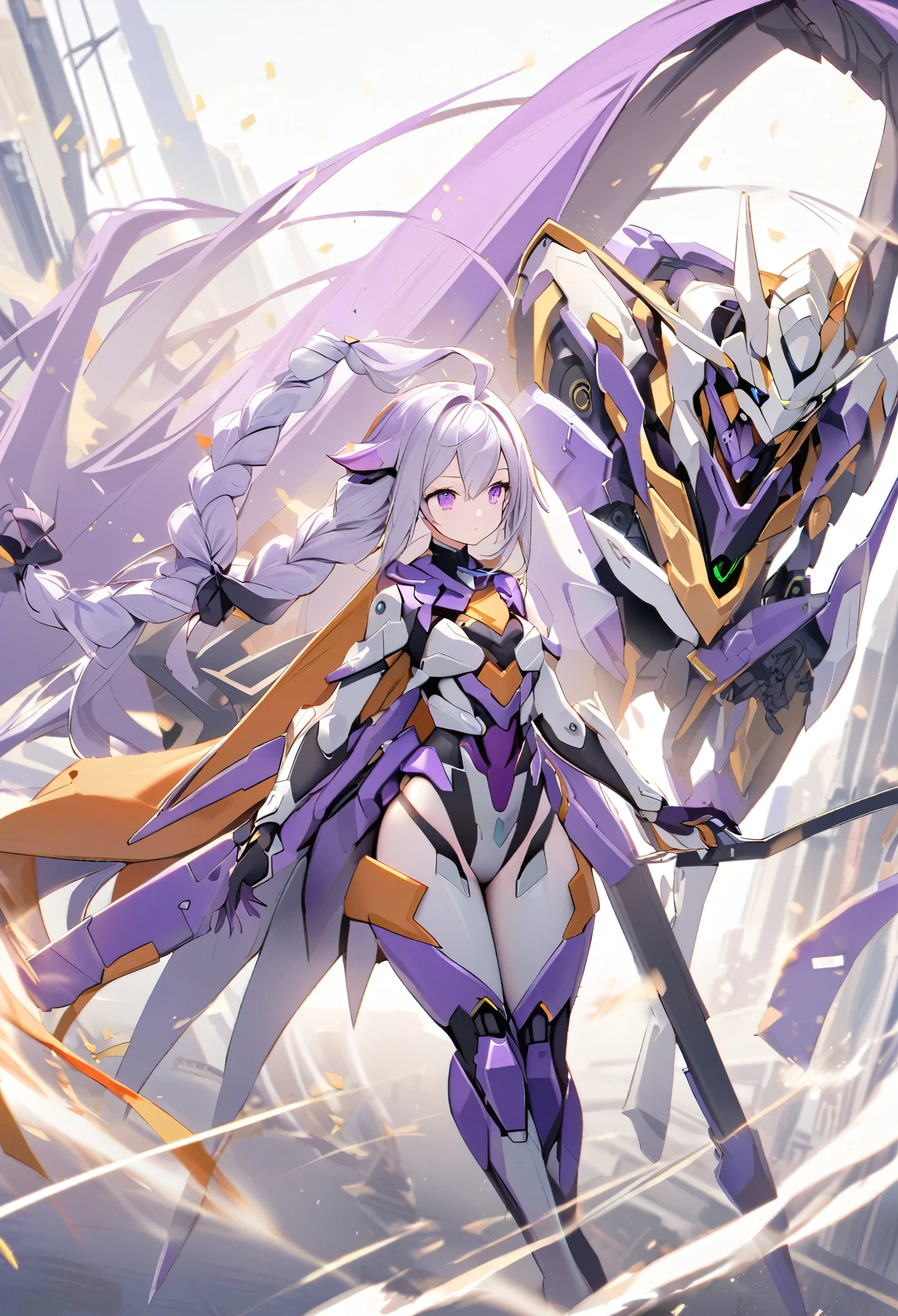 yinji,1 Girl,Solitary,purple_hair,purple_Eye,Very_long_hair,grey_hair,Braided_Ponytail,eva,mechanical,Transformation,Armed Girl,slope_hair,Chariot