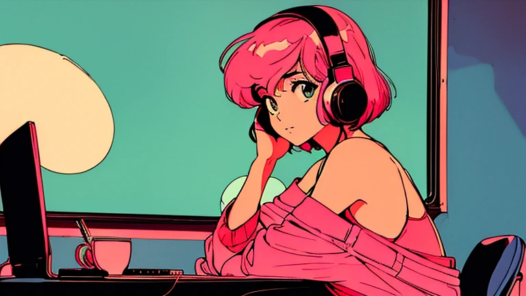 City pop style art, shoulder-length pink hair, fluffy bob cut, Wearing headphones, Futuristic yet lo-fi, Retro, Vintage, Ghost,masterpiece, (( Side Shot)),
Sit at a desk and concentrate on studying, Laptop and coffee on the desk