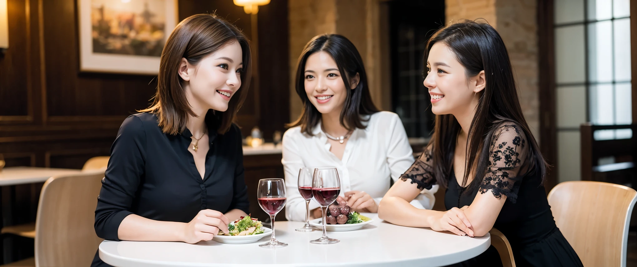 ((highest quality、8k、masterpiece:1.3))、1 male、1 female、Couple、Spouse、Couple、The body is slim、((Bob Hale、Straight hair:1.2)), (Realistic, Intricate details:1.2), テーブルの上のwine glass、Put the light on your face、 Amazing view of the sunset sky and clouds、Amazing mountain views、A bright smile、The wonderfulness of smile、Bright image、The beauty of wine, Beautiful Face, blue eyes, The light shines on your face, Blushing, short hair,Bright Face、 (Age 37), 39 years old, red wine 、Appetizers、Italian food、Wine bottle、Champagne、sparkling wine、Two beauties、Brown Hair、Shortcuts、Long sleeve shirt、dress、Pretty Woman 1, (slimな顔), (The body is slim), (Brown Hair), (Shortcuts), cheeks turn a little red,Attractive beauty、restaurant, In a prominent place (From the waist up) Nova Frog Style, actress, model, Upper Body, White wine, slim, wine glass, 中央に置かれたwine glass, smile, (smile: 1.15), Beautiful fine grain, Depth f/2,saturation, High Contrast, Strong light and shadow,Moist Body:1.5、3D texture、Delicate eyes、Brown Hair、The hair is very shiny、