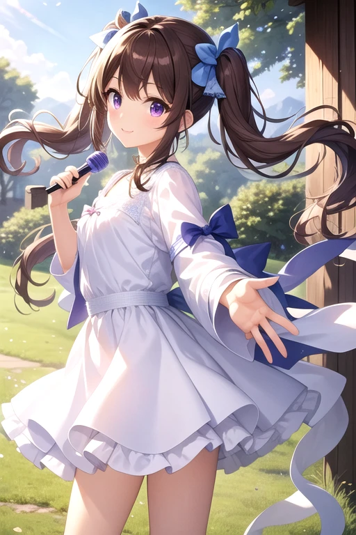 masterpiece, 最high quality:1.2, beautiful)、(One Girl 0.3)、smile、(Brown hair twin tails)、(Purple Eyes)、Blue ribbon、barefoot、break、(White pants)、White Shirt、(Facing forward、Front angle)、break、16k、Digital、high quality、Highest quality、(Perfect Face、Perfect body、Perfect limbs),Perfect Fingers,Perfect Proportion,