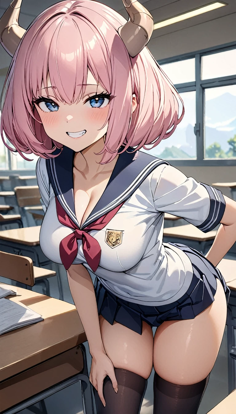 (8K、Best image quality、highest quality、masterpiece)、(Detailed face, cute eyes,Pink Hair, horn, open mouth, grin), (skinny body),(medium breasts), (school uniform), (Light blue striped pants), (cleavage), Classroom Background, (black stockings), (Thighs:1.2), (Waistline)