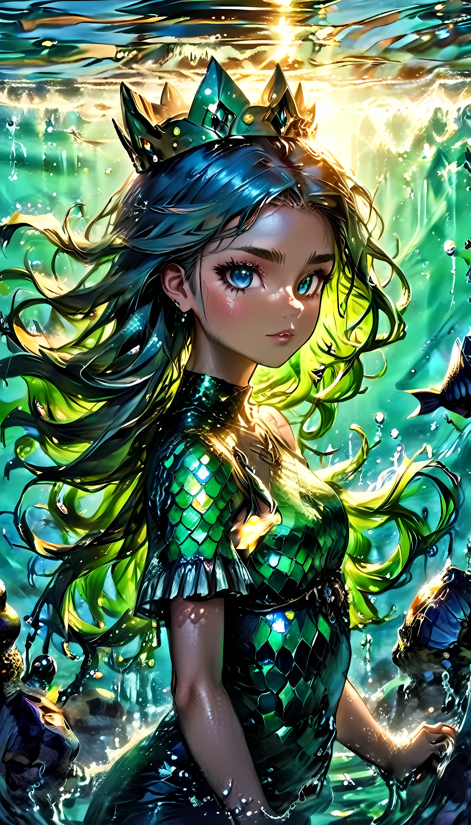 high details, best quality, 16k, ultra detailed, masterpiece, best quality, (extremely detailed), full body, ultra wide shot, RAW, photorealistic, fantasy art, dnd art, rpg art, realistic art, an ultra wide picture of a mermaid princess in steampunk times, under the sea (intricate details, Masterpiece, best quality: 1.4) , female mermaid, (blue: 1.3) skin, (green: 1,3) hair, long hair, swirling hair, intense eyes, small pointed ears, ((blue eyes)), ((glowing eyes)), wearing sea shell clothing, she wears a crown  studded with gems(intricate details, Masterpiece, best quality: 1.4),  beautiful mermaid, you can see rich underwater life, fish, riff, dynamic fantasy blue beach background ((magical atmosphere)), high details, best quality, highres, ultra wide angle, ggmine, Dark Novel