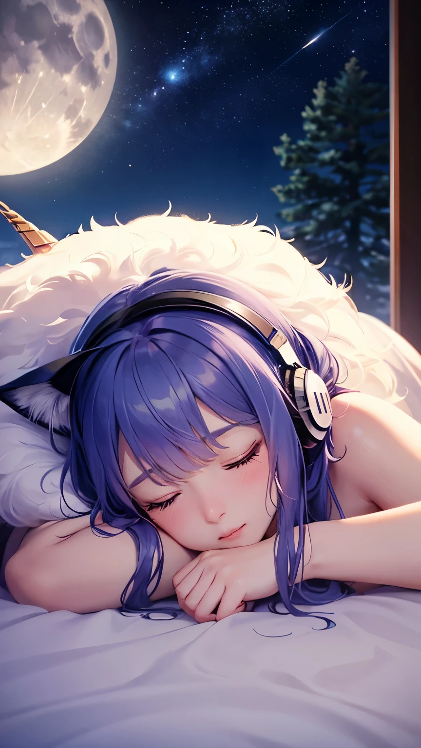 Photo-realistic image of an adorable cat wearing over-ear headphones, lying asleep on a fluffy blanket. The background features a bright full moon, casting a gentle moonlight reflection on the cat's body. The scene is peaceful and serene, evoking a sense of tranquility. The composition highlights the cat in the foreground with the luminous moon in the distance, creating a magical nighttime atmosphere.unicorn