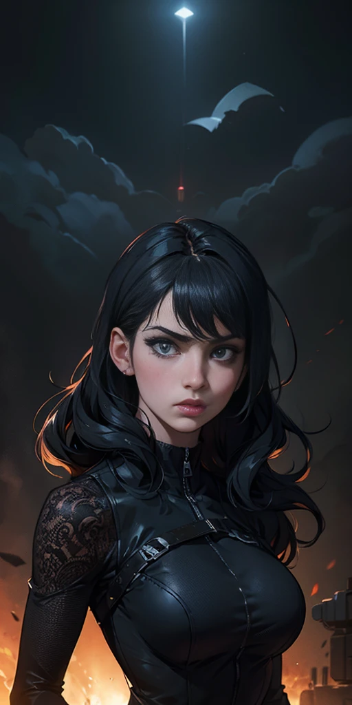 1girl, black jacket, black dress, black hair, beautiful detailed eyes, beautiful detailed lips, extremely detailed face, long eyelashes, photorealistic, hyper detailed, 8k, masterpiece, realistic, cinematic lighting, dramatic colors, moody atmosphere, intricate details