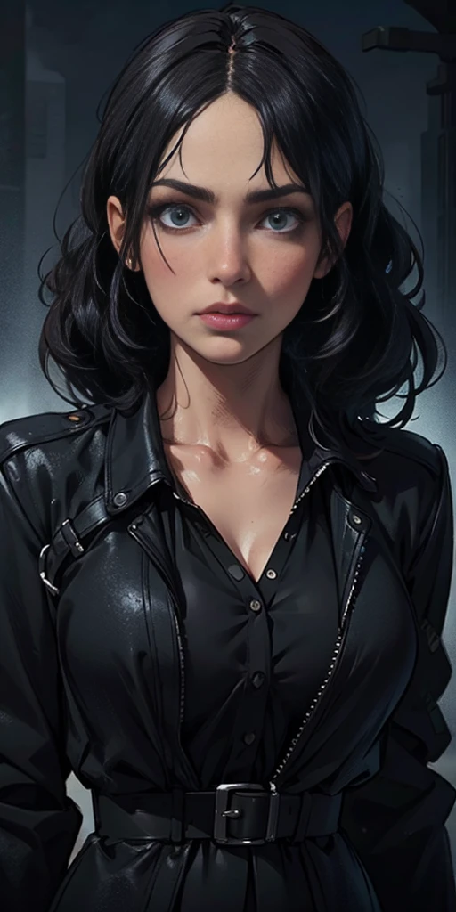 1girl, black jacket, black dress, black hair, beautiful detailed eyes, beautiful detailed lips, extremely detailed face, long eyelashes, photorealistic, hyper detailed, 8k, masterpiece, realistic, cinematic lighting, dramatic colors, moody atmosphere, intricate details
