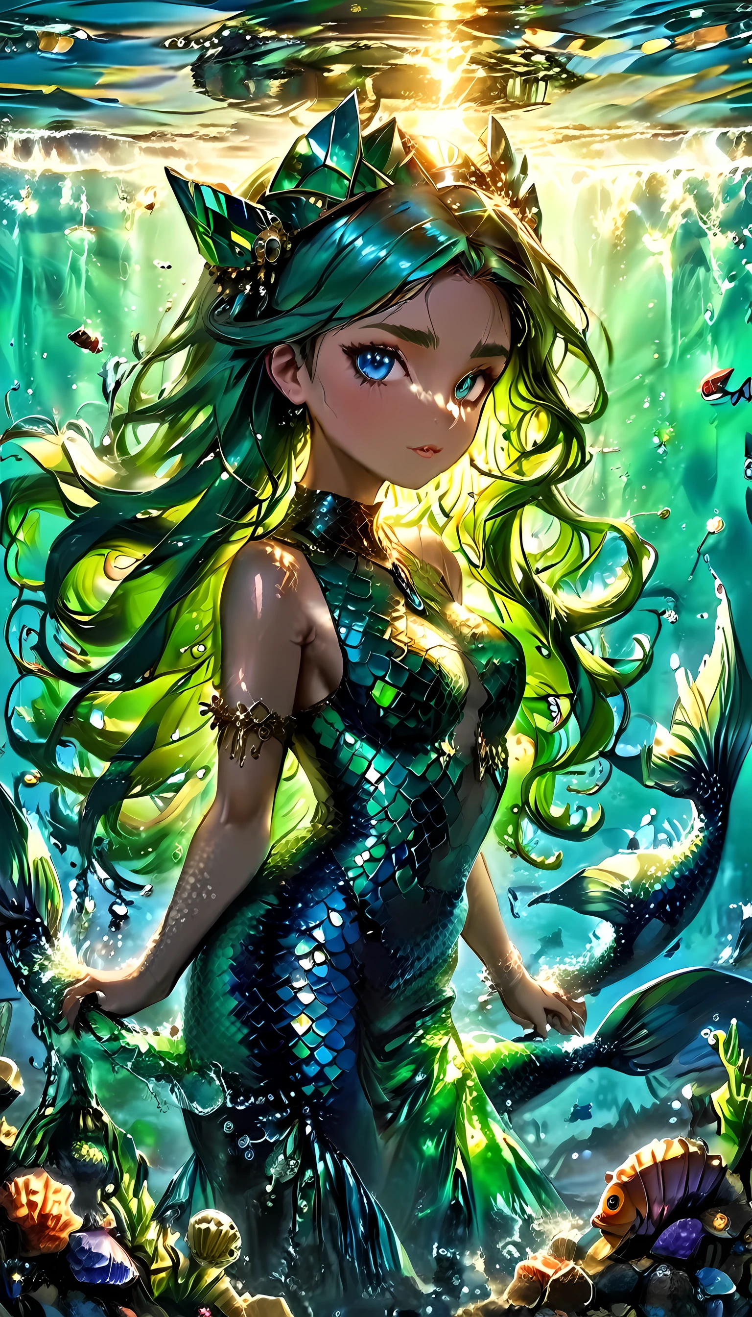 high details, best quality, 16k, ultra detailed, masterpiece, best quality, (extremely detailed), full body, ultra wide shot, RAW, photorealistic, fantasy art, dnd art, rpg art, realistic art, an ultra wide picture of a mermaid princess in steampunk times, under the sea (intricate details, Masterpiece, best quality: 1.4) , female mermaid, (blue: 1.3) skin, (green: 1,3) hair, long hair, swirling hair, intense eyes, small pointed ears, ((blue eyes)), ((glowing eyes)), wearing sea shell clothing, she wears a crown  studded with gems(intricate details, Masterpiece, best quality: 1.4),  beautiful mermaid, you can see rich underwater life, fish, riff, dynamic fantasy blue beach background ((magical atmosphere)), high details, best quality, highres, ultra wide angle, ggmine, Dark Novel