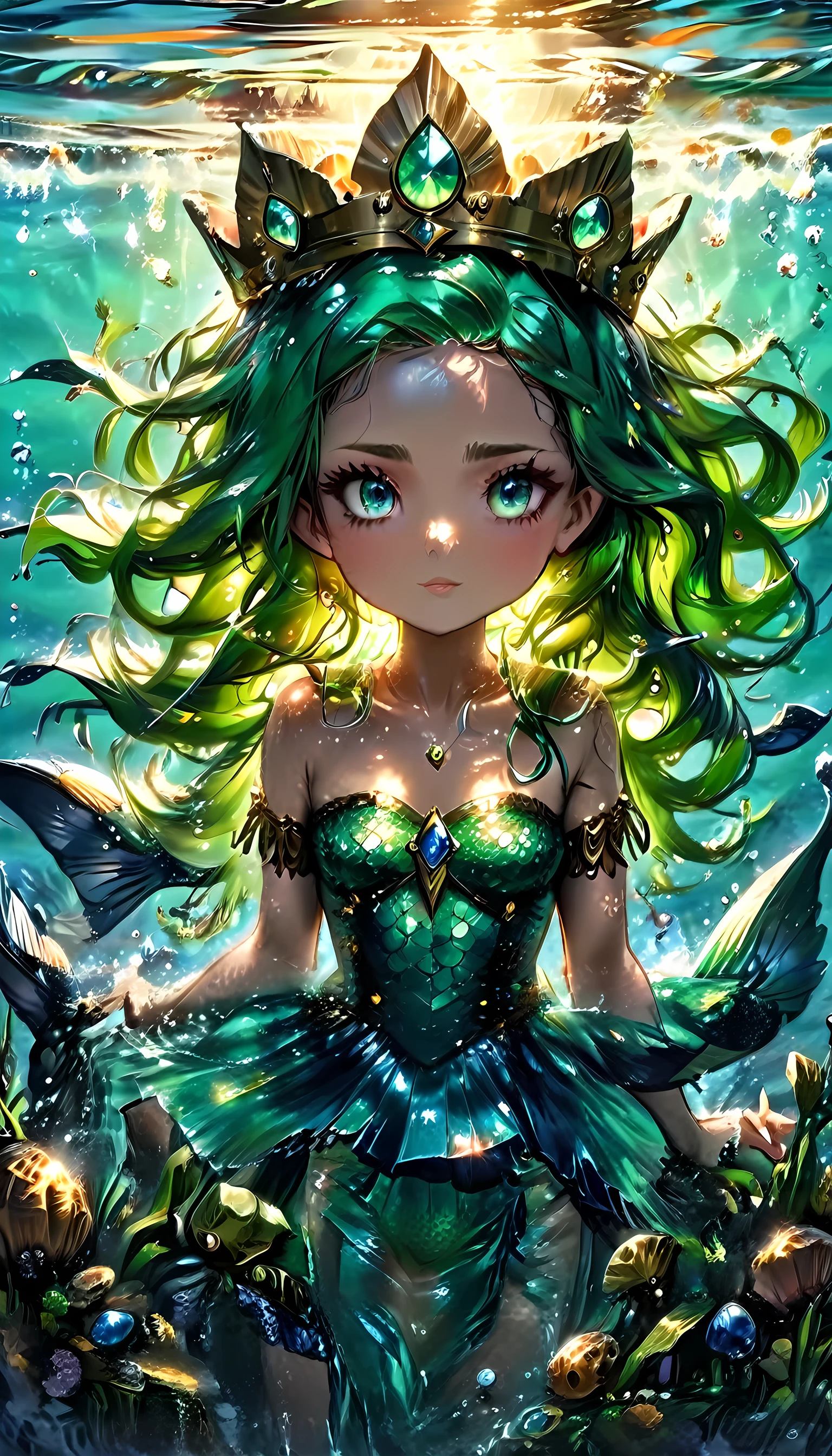 high details, best quality, 16k, ultra detailed, masterpiece, best quality, (extremely detailed), full body, ultra wide shot, RAW, photorealistic, fantasy art, dnd art, rpg art, realistic art, an ultra wide picture of a mermaid princess in steampunk times, under the sea (intricate details, Masterpiece, best quality: 1.4) , female mermaid, (blue: 1.3) skin, (green: 1,3) hair, long hair, swirling hair, intense eyes, small pointed ears, ((blue eyes)), ((glowing eyes)), wearing sea shell clothing, she wears a crown  studded with gems(intricate details, Masterpiece, best quality: 1.4),  beautiful mermaid, you can see rich underwater life, fish, riff, dynamic fantasy blue beach background ((magical atmosphere)), high details, best quality, highres, ultra wide angle, ggmine, Dark Novel