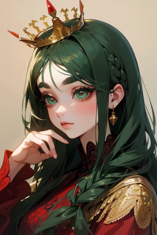 (highest quality, masterpiece:1.2), High resolution, Very detailed, Realistic:1.37, Fantasy, An illustration, Green Eyes、Queen, Red lace dress.Platinum decoration、beautifully、Eyeshadow Red、Thick eyebrows、Long eyelashes、pupils are black、Her hair is dark green、Gold crown、Kissing Face、Embarrassing、Beloved by the crowd、Hair is green、Braid、hair ornaments、