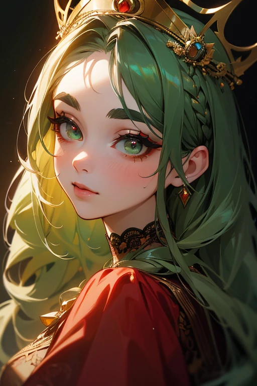 (highest quality, masterpiece:1.2), High resolution, Very detailed, Realistic:1.37, Fantasy, An illustration, Green Eyes、Queen, Red lace dress.Platinum decoration、beautifully、Eyeshadow Red、Thick eyebrows、Long eyelashes、pupils are black、Her hair is dark green、Gold crown、Kissing Face、Embarrassing、Beloved by the crowd、Hair is green、Braid、hair ornaments、