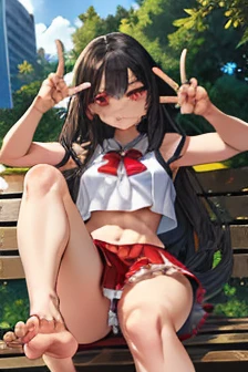 beautiful, (masterpiece:1.2), (best quality:1.2), Beautiful 18-year-old white girl with red eyes, long swept-back straight black hair, Happy and posing with peace signs, Red and white frilly miniskirt, white mini croptop, bare feet, daylight, stretching on a park bench, feet focus