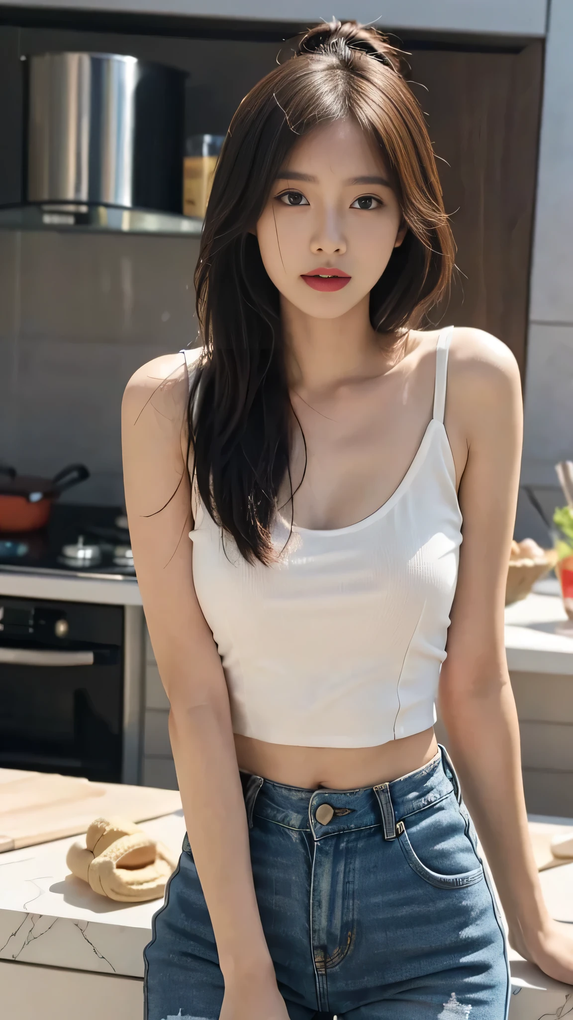 masterpiece, top-quality, 1 beautiful girl, (Detailed beautiful eyes), ((Detailed skin)) , ((Detailed medium hair )), A beautiful 170cm, in colorful clothings hiphop style, crop top, tank top and ripped jeans, at the kitchen, RAW photos, CG rendering, Blurred background, deep shadow, 16K, bokered, Very detailed, wallpaper, depth of field, movie light, Ray tracing,
