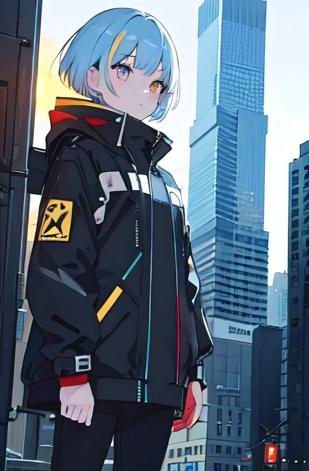 (1girl),character, (masterpiece:1.3), (best cinematic quality:1.2), (extremely detailed setting:2), (soft+artistic lighting),short blue haired, (eyes+yellow+red:1.4), (multicolored eyes+heterochromia), wearing cyberpunk clothes, futuristic, technological, city scenery with ,giving dramatic scenery.