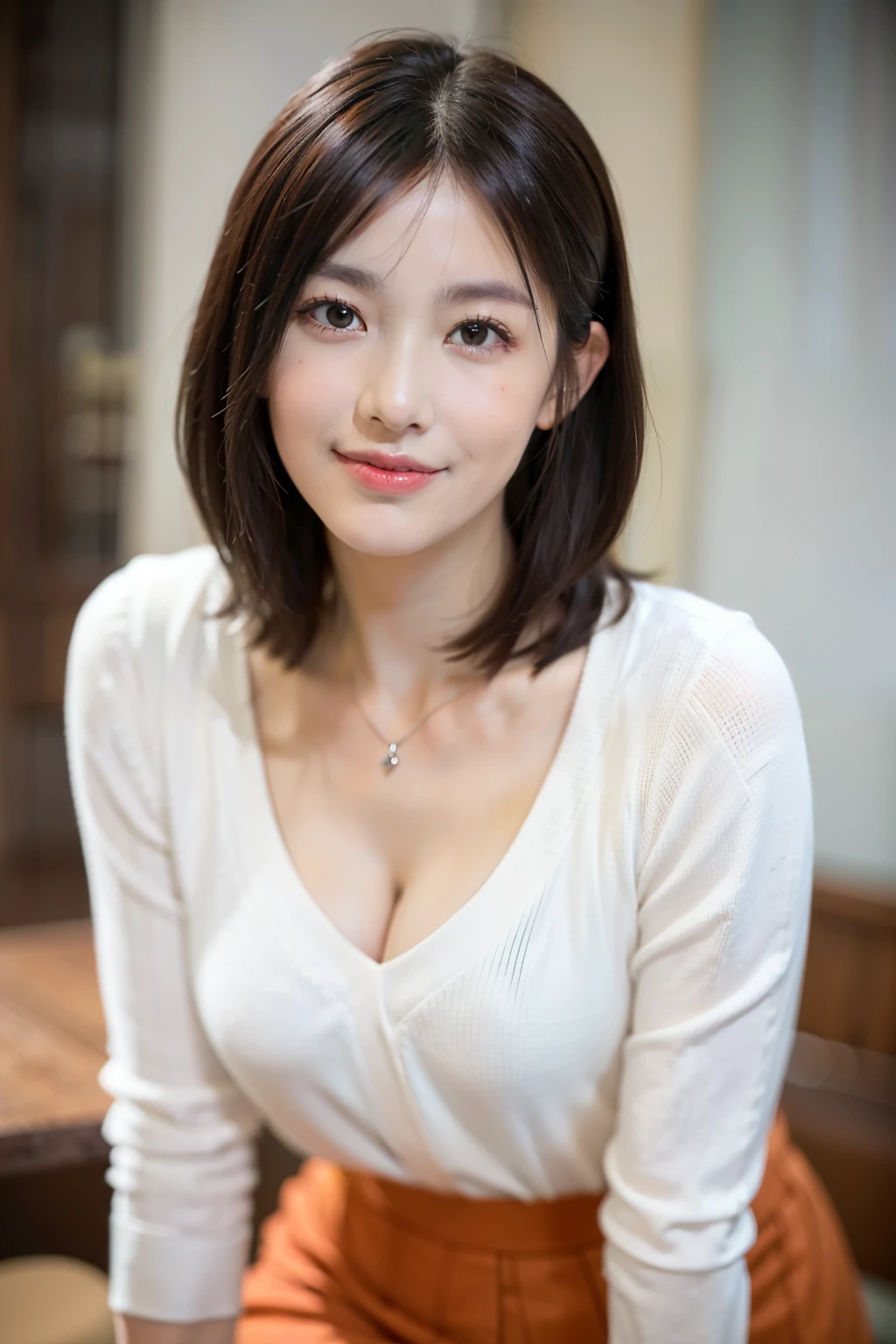 Realistic, Tabletop, highest quality, RAW Photos, Face Focus, elegant, (One Woman), 28 years old, (A white V-neck knit with a loose fit around the neck), (Leaning forward), (Orange tight skirt), (Brown Hair), (bangs), (Straight hair), (short hair), (Looking up at the camera), Beautiful Face, (A fearless smile), (Shapely bust),Cleavage, Perfect Anatomy, Perfect balance, Detailed human body