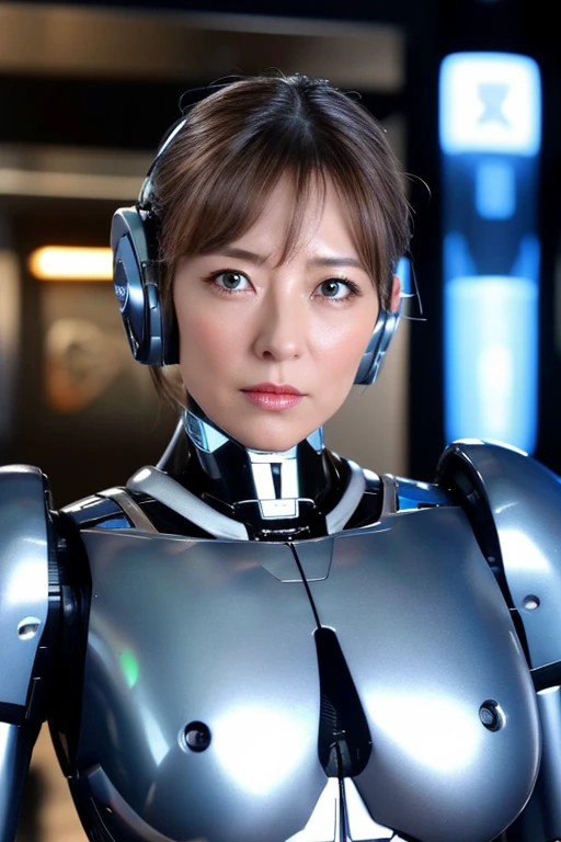 ((best quality)), ((masterpiece)), (detailed), female Robot is Japanese Woman,50 years old,blue eye,Mechanical ear,silver metallic Robot body,like a Robocop ,Grammer Body,No Expression,Big Chest,Sexy female Robot,Perfect Robot Woman,Sex Android,Sex Robot