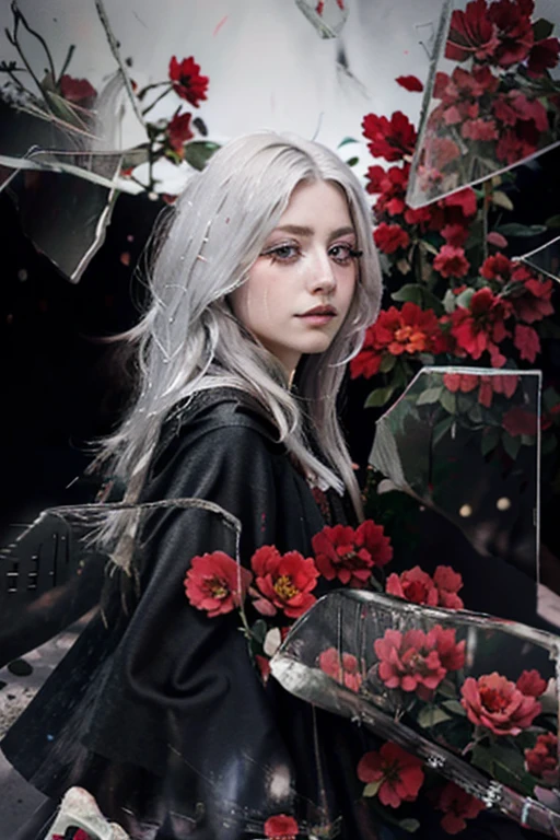 1 woman,solo,((beautiful detailed eyes)), (detailed light),depth of field,(white hair),silver eyes,hair over one eye,(red flower ), hair flower,long hair,black cloak,wet,emotionless,looking back,night,starfall,raining,fog,red flowers falling,sketch,upper body,intense shadows