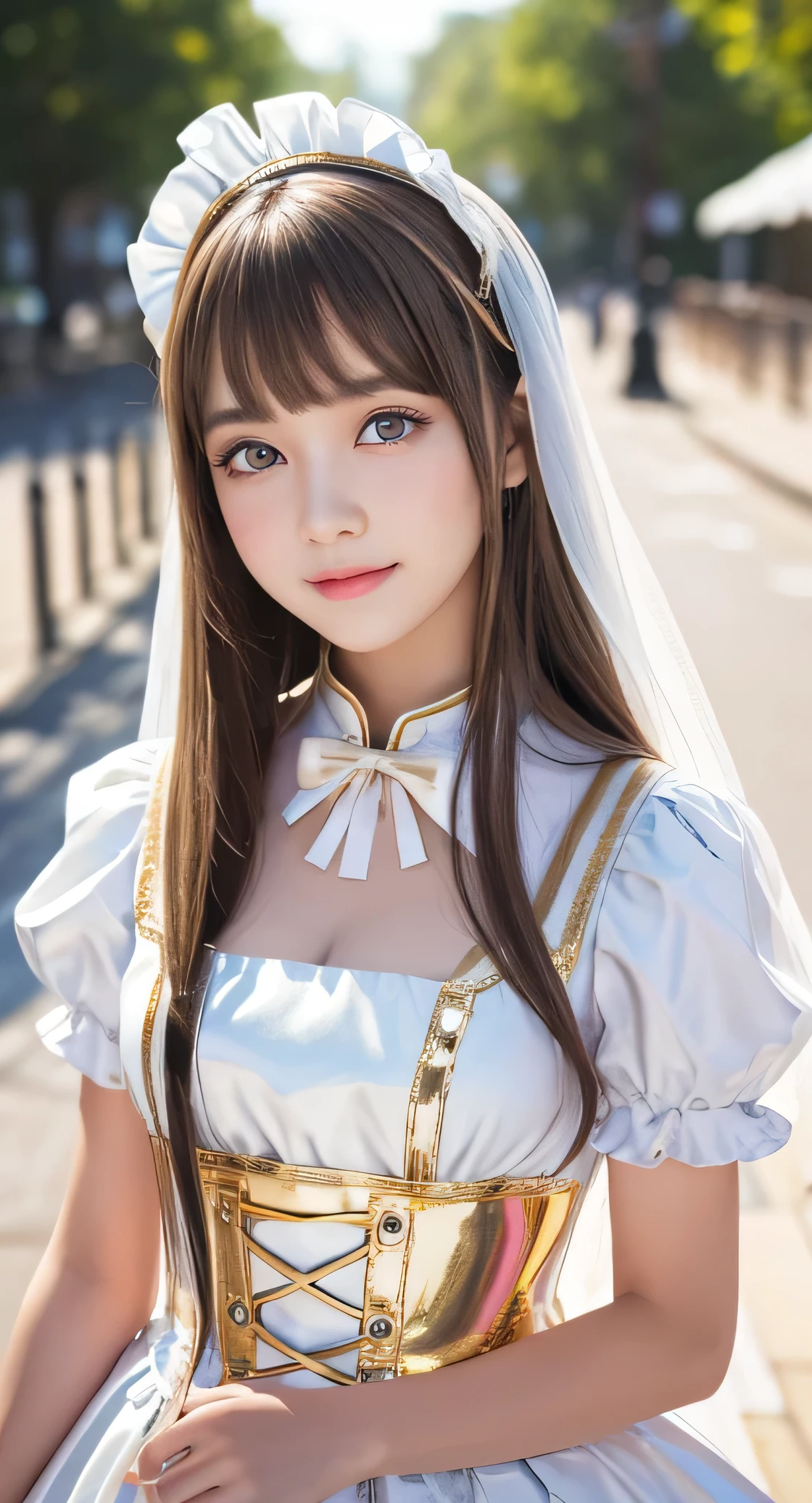 Angelic very beautiful cute young girl,
Beautiful detailed eyes, (5 yo:1.2),
Detailed double eyelids,
(Soft Saturation: 1.3), 
(Fair skin: 1.3),v-line jaw,
(Large eyes:1.4),
Long straight brown hair, 
see-through bangs,
Sharp Focus,
beautiful detailed face and eyes, 
drooping eyes,
small straight nose,
small mouth, 
happy smiling with visible teeth, 85mm lens, F/8.0,BREAK (Super shiny white and metallic gold maid costume :1.3),Walking,Brown hair ,(Costumes with strong reflective surfaces:1.3),
(Best Quality:1.2),(Maid costume:1.5),
Raw photo, 
High resolution, 
perfect  detail, 
Professional Photography, 
Professional Lighting,
Powerful lighting of the costume,In the street