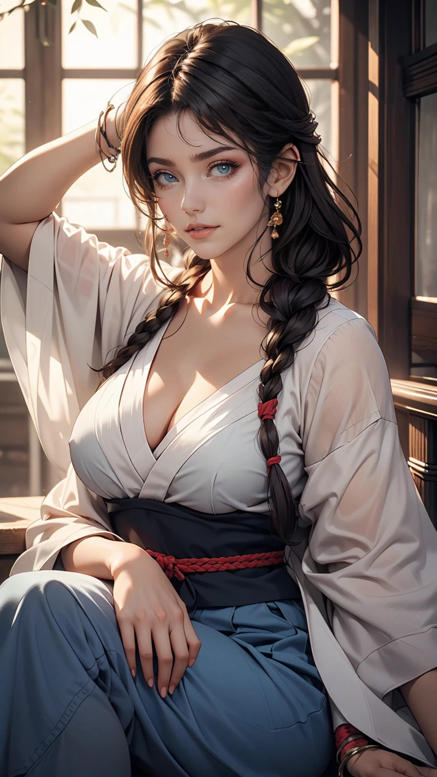 (8K, RAW Photos, highest quality, masterpiece:1.2), (Realistic, photo-Realistic:1.37)、26 year old Japanese woman、Hair is black、Eye color is indigo、long hair、I braid it lightly、Venus Body、Having her hair done、My chest is popping out、Wearing accessories on the ankle、smile、I'm wearing a hairband、Wearing a sheer tie-front shirt、The belly button is visible、Wear a navy blue low-rise micro mini pleated skirt、smile