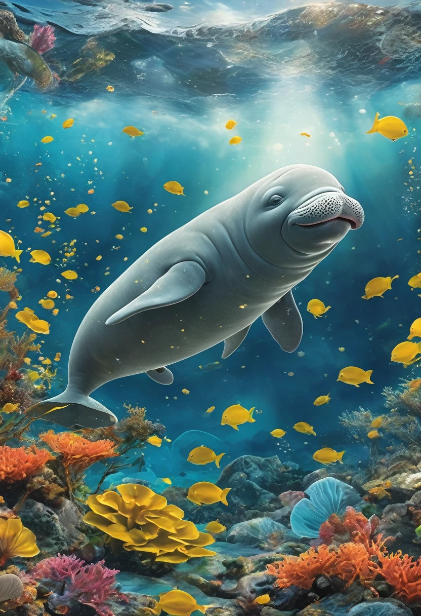 （（Magazine cover））best quality, very good, 16K, ridiculous, Extremely detailed, Lovely(((Dugong:1.3)))，Made of translucent boiling lava, Background seabed（（A masterpiece full of fantasy elements）））， （（best quality））， （（Intricate details））（8k）