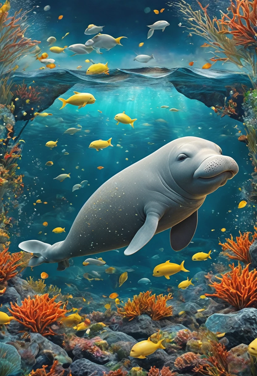((Magazine cover))best quality, very good, 16K, ridiculous, Extremely detailed, Lovely(((Dugong:1.3))),Made of translucent boiling lava, Background seabed((A masterpiece full of fantasy elements))), ((best quality)), ((Intricate details))(8k)