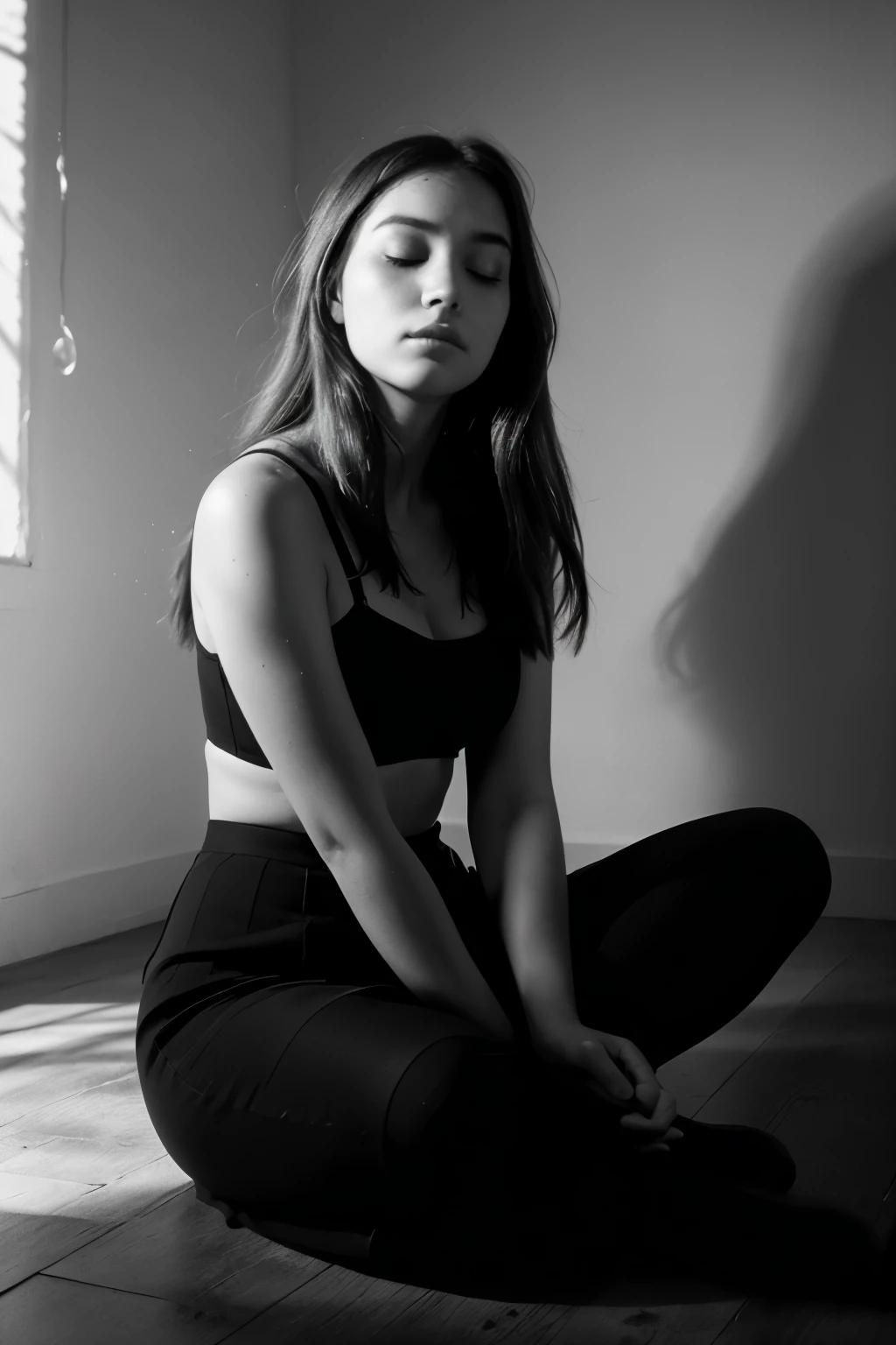 Foto de uma garota russa de quase vinte anos, taking a break during a photo shoot in the studio. Ela usa uma gola alta preta chique, sitting cross-legged on the cold studio floor. Your eyes are closed in deep thoughts, or perhaps in a quiet moment of introspection. The image is captured realistically, estilo de alta qualidade, with the girl&#39;s naturally beautiful features shining.

The portrait is rendered in black and white, adding an air of timeless elegance and sophistication. The fall of light creates an intriguing contrast between the brightly lit areas of her face and the deep shadows that playfully hide her features... Seu longo, capacete de cabelo escuro