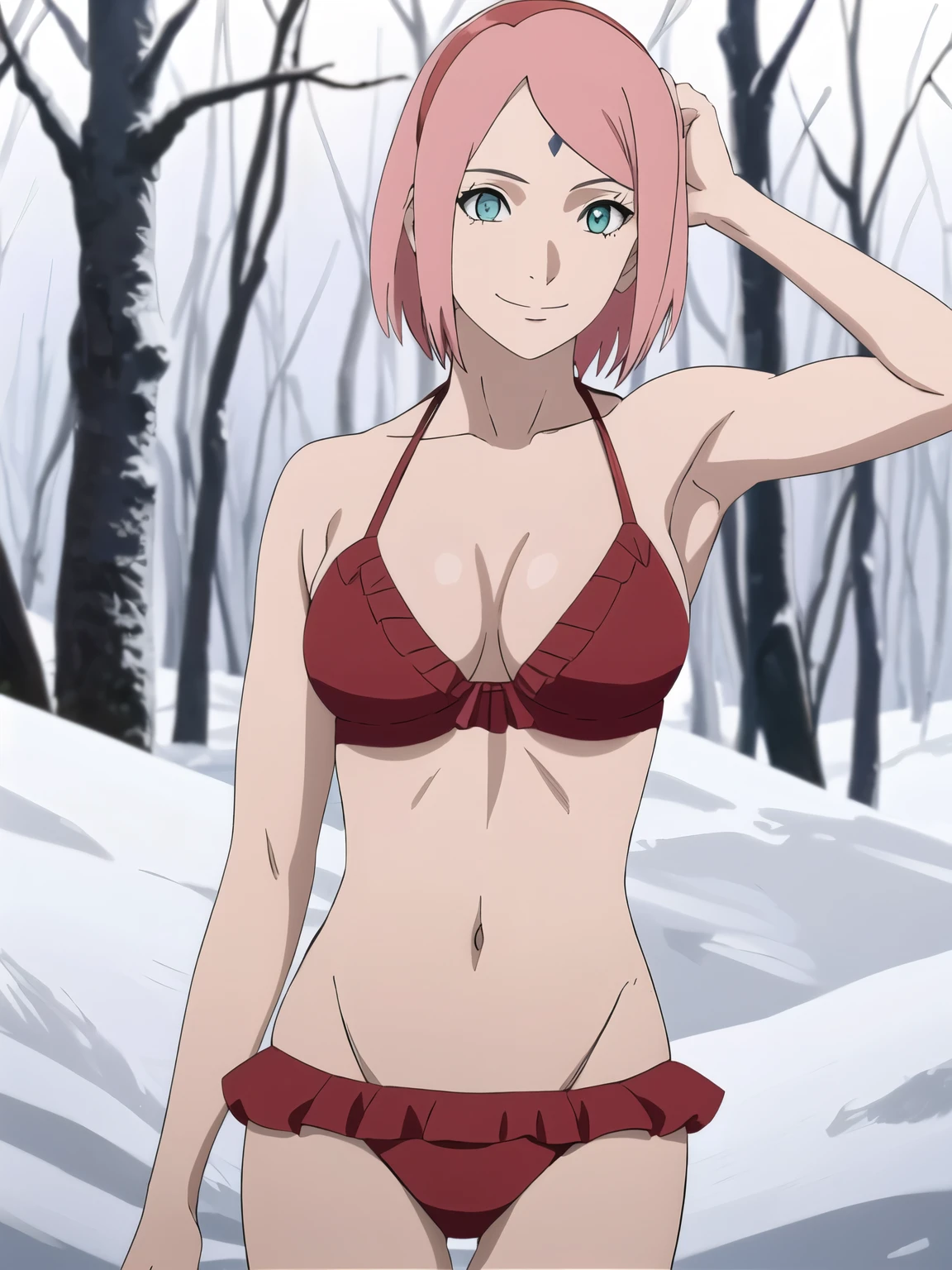 anime style, solo, 1 woman, warm, from right, close view, (gorgeous armpit , laying on tree), super ultra details, bold drawing lines, very high resolution, perfect anatomy, ultra detailed face, high vibrance, (blue light), ((cold colors)), 1girl, haruno sakura, (slim body, warm skin, thin belly , off-shoulders, tiny biceps, slim arms, forehead mark, smile, hand leaning), ((red string bikini with frills, red hair band)), looking at viewer, (forest), floating hair, big smile, cowboy shot, (reddish hair, detailed hair, missy hair, short hair), spring time, attractive colors