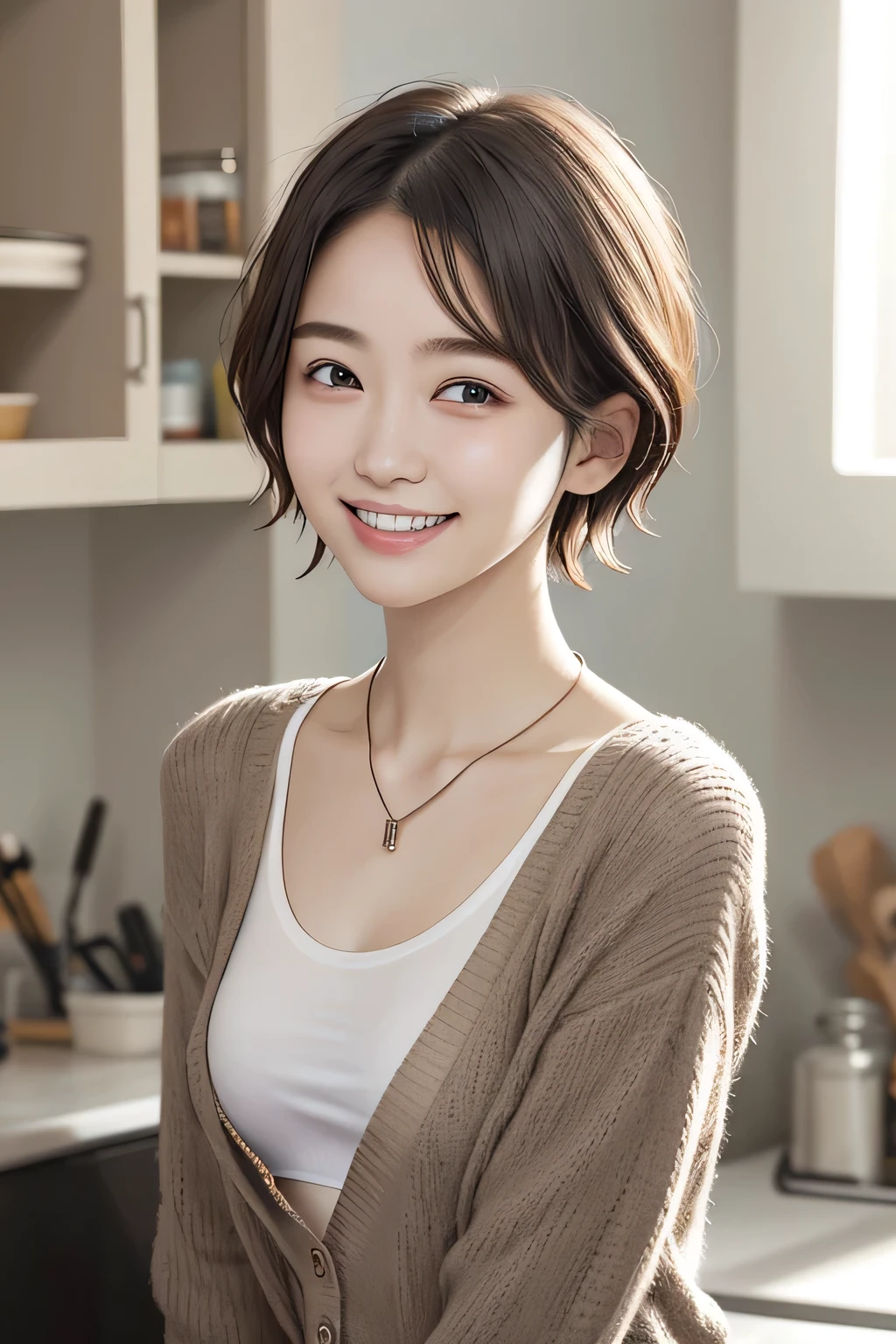 205 ((short hair)), 20-year-old female, In underwear、Put a cardigan over your shoulders、 A refreshing smile、Beautiful teeth alignment、Dark eyeliner、Dark brown hair、ear piercing、Necklace around the neck、Looking at the camera