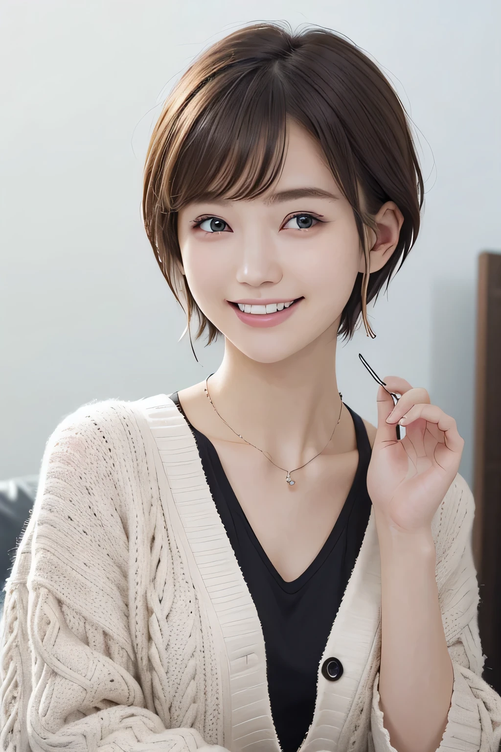 205 ((short hair)), 20-year-old female, In underwear、Put a cardigan over your shoulders、 A refreshing smile、Beautiful teeth alignment、Dark eyeliner、Dark brown hair、ear piercing、Necklace around the neck、Looking at the camera