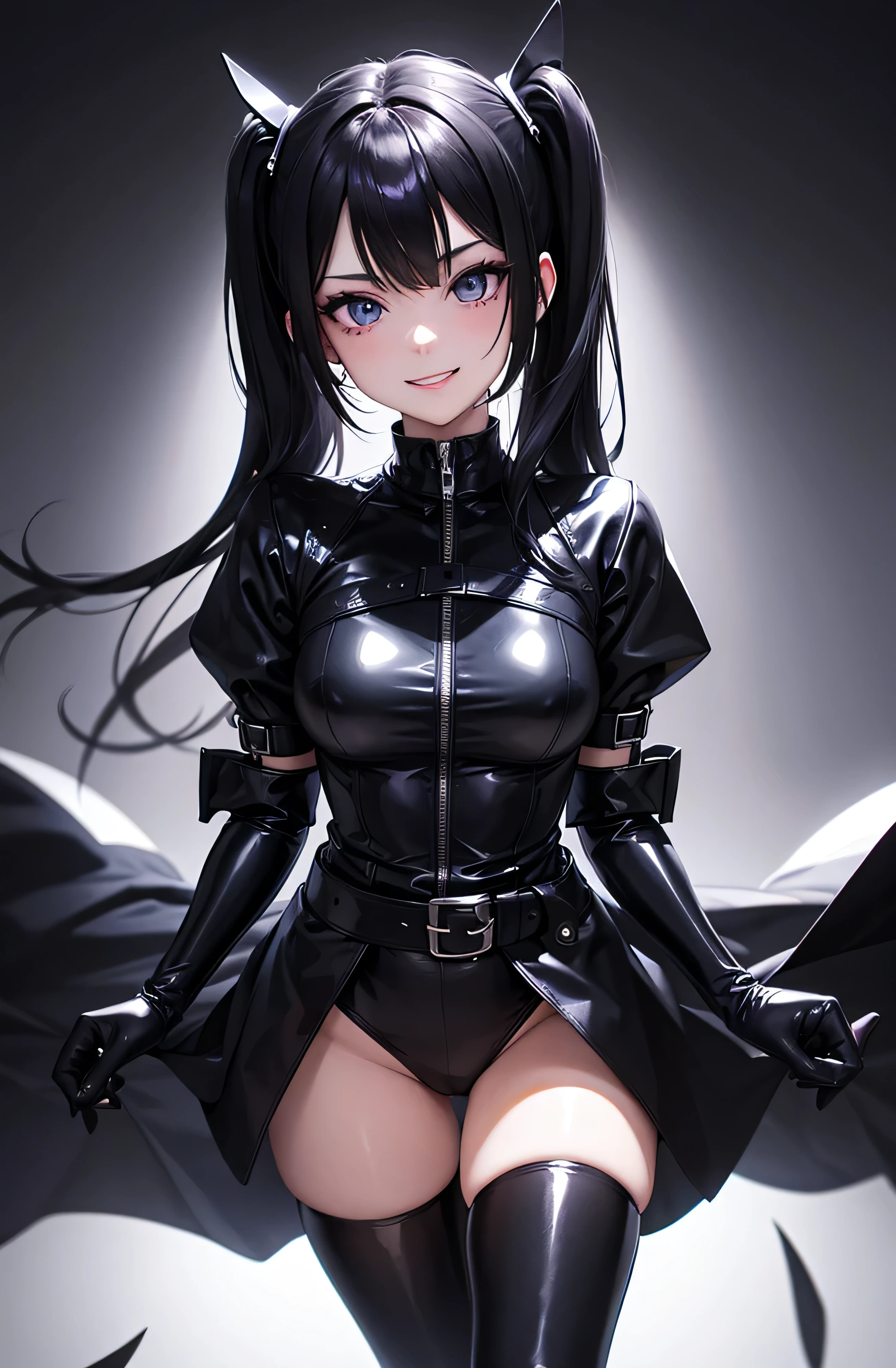 best quality, manga style, beautiful woman face, fear, horror-like smile, eyes and mouth painted in matte black, light up, background black, dark,evil smile,evil laugh at,looking at viewer,twintail,latex,elbow gloves,