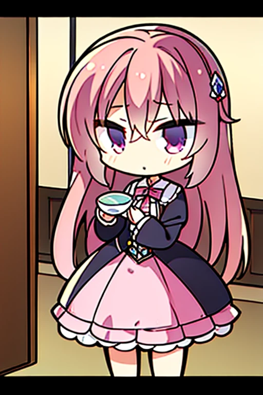 A pink haired woman with violet eyes and an hourglass figure in a Gothic lolita dress is drinking tea an old church