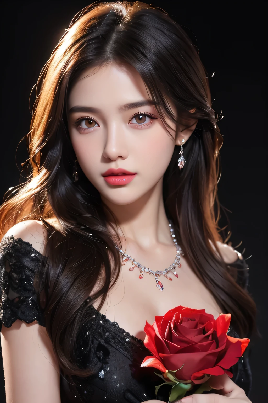 High-quality work，Realistic works，Super premium graphics，8K HD CG works，high quality graphics，High-definition and exquisite CG works，10x pixels，Ultra-fine details：1.1，Advanced technical details：1.1Realistic photo effects，Interior lighting effects：1.5，natural soft light：1.5. Light effect（Virtual light effects：1.8），Ultra-high resolution，shining dress，sliver long hair，silber hair，transparenthair，high detailed hair（Quality hair details：1.1）Clear eyes，Double eyelids look good，Sharp eye makeup, Create exquisite eyelash makeup, tthin eyebrows, Ultra-detailed eyes，a tall nose, lovely red lips, rosey cheeks, With delicate makeup on her face , pretty face, The face shape is perfectly proportioned,（Advanced facial details：1.1） (highest quality、8K、best image quality、Award-winning work)、(one young girl, 14 years old:1.3)、(red eyeshadow:1.2)、perfect makeup、long eyelashes、Super high-definition sparkling eyes、ultra high definition hair、ultra high resolution glossy lips、Super high resolution perfect teeth、Super high resolution cute face、brown hair、(very long straight hair:1.1)、look at me and smile、[clavicle]、accurate anatomy、(black background:1.5)、(((professional lighting:1.5)))、Super high-resolution glossy and moisturized face、Super high resolution glowing skin、most detailed face、Ultra high resolution detailed faces、ultra high resolution hair、Super high resolution sparkling eyes、Beautiful face drawn in every detail、Super high resolution glossy red lips、(((Fashionable necklace 1.5)))、(((full nude 1.5)))、(Photo up to the chest)、hair blowing in the wind、elegant dress、(((Holding a red rose 1.4))) ，Women's artwork，Dress full body video，Reality，Amazing Cleavage，My eyes are very bright today
