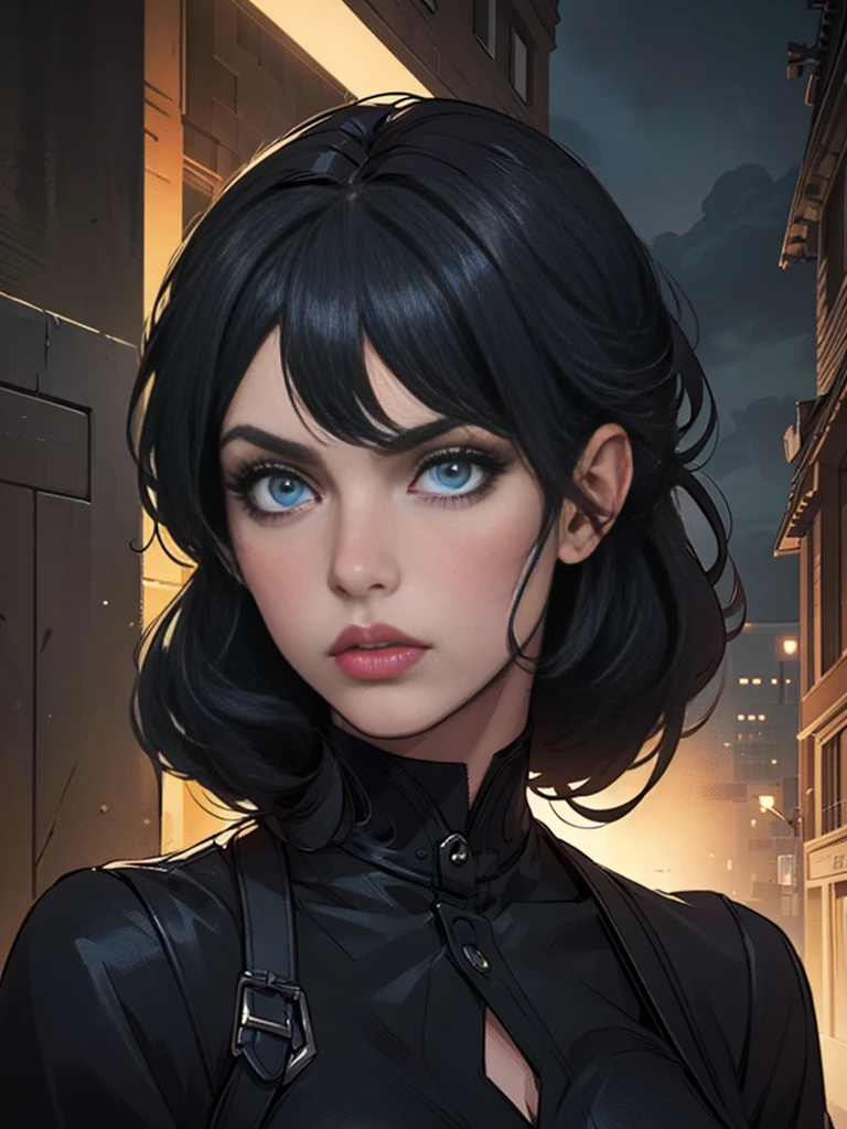 1girl, black jacket, black dress, black hair, beautiful detailed eyes, beautiful detailed lips, extremely detailed face, long eyelashes, photorealistic, hyper detailed, 8k, masterpiece, realistic, cinematic lighting, dramatic colors, moody atmosphere, intricate details