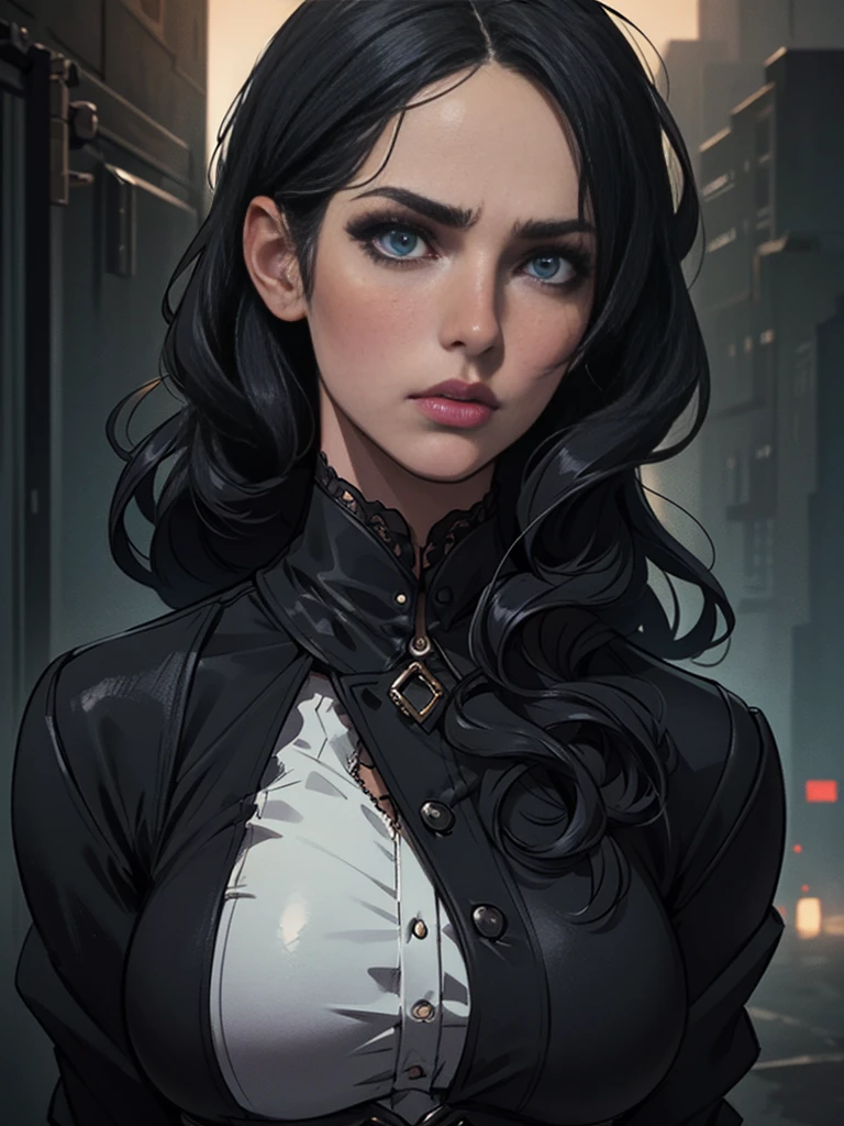1girl, black jacket, black dress, black hair, beautiful detailed eyes, beautiful detailed lips, extremely detailed face, long eyelashes, photorealistic, hyper detailed, 8k, masterpiece, realistic, cinematic lighting, dramatic colors, moody atmosphere, intricate details