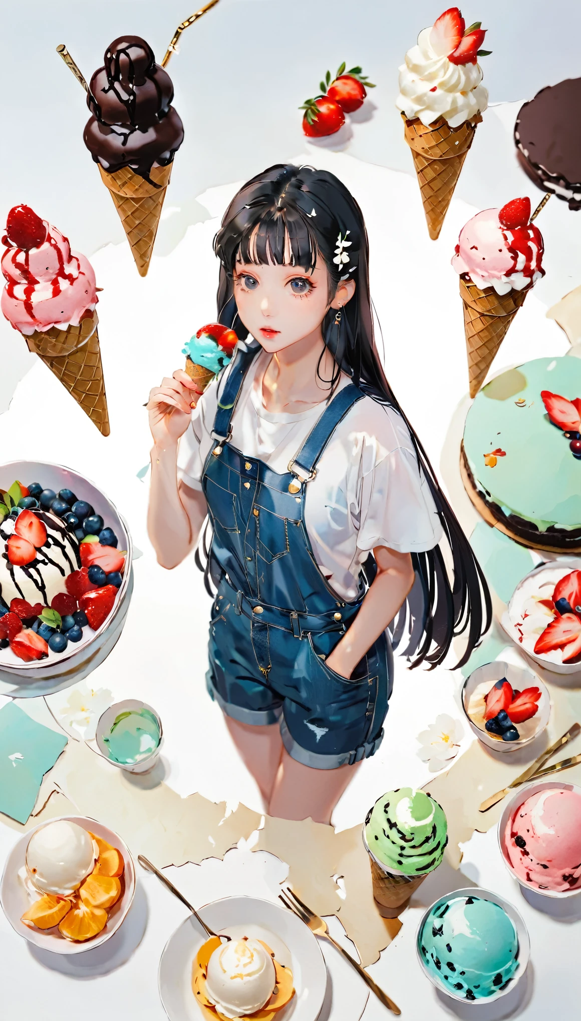 paper cutting style, 1 girl, black medium hair, straight hair, white T-shirts, denim overall, ice cream, portfolio, from above