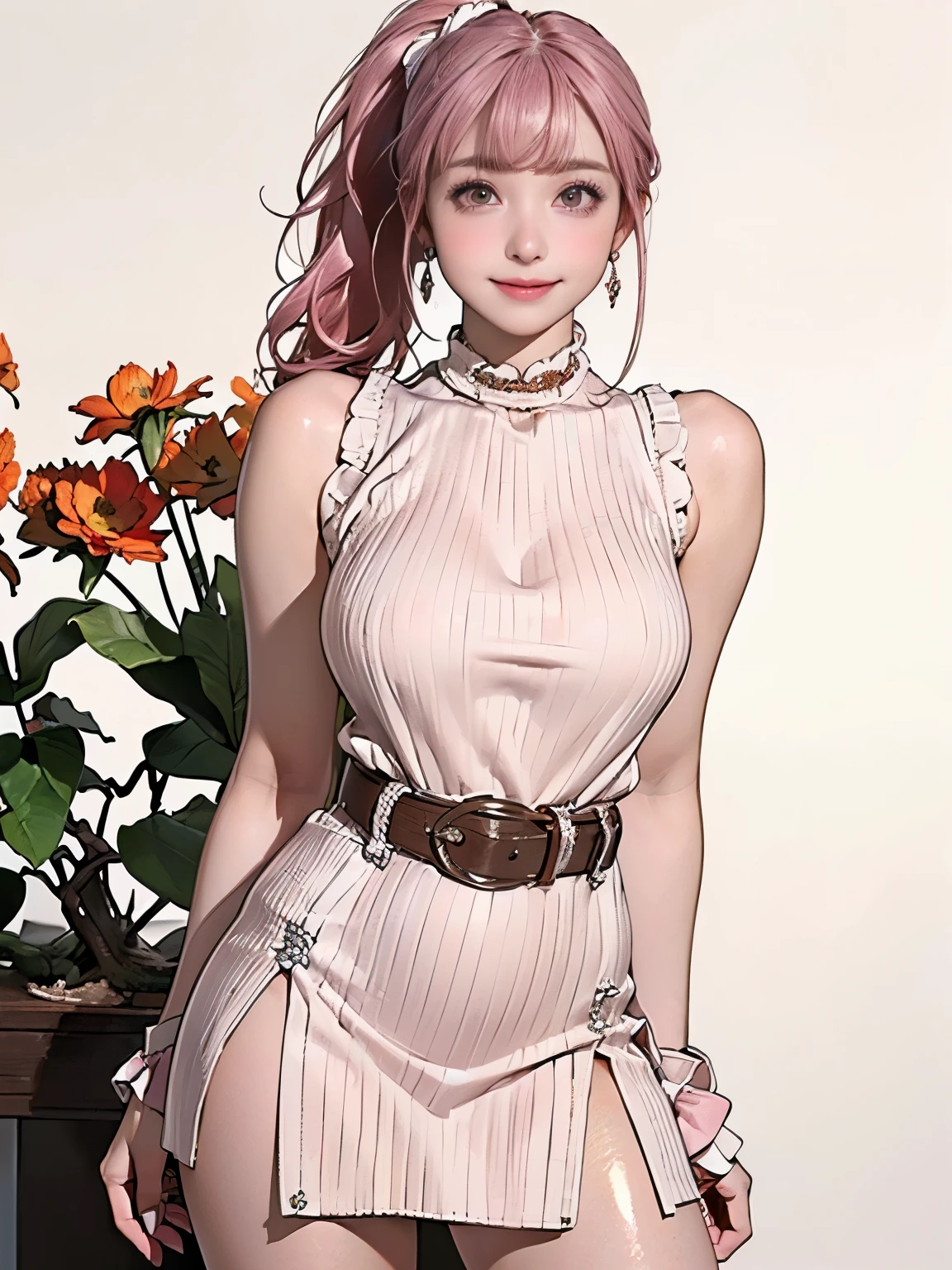 ((((highest quality))))、(((Ultra-precision CG16K wallpaper)))、(((masterpiece)))、(((Super detailed)))、(((Extreme detail)))、((１Mature 29 year old woman:1.6))、((Very beautiful Japanese faces))、((Zuo々Nozomi:1.5))、((Soft wavy ponytail hair、blunt bangs:1.5))、((Shiny pink hair:1.5))、Beautiful delicate eyes、Brown Eyes、eyeliner、Eyeshadow、High nose、Small nostrils、Small Mouth、Seductive lips、Beautiful breasts、((C cup size breasts))、Beautiful feet、eight-headed body、Perfect proportions、Perfect Anatomy、Perfect composition、Beautiful detailed shading、Beautiful, natural lighting、Beautiful detail glow、Depth of written boundary、(((High chroma)))、(((Real:1.9)))、((vivid:1.5))、((Beautiful Skin))、((Skin Texture))、((Realな皮膚感))、(((Cowboy Shot:1.6)))、((front view、shoot from front、Front low angle:1.6))、(((smile:1.5)))、((The woman is looking at this、looking at viewer、Facing forward:1.6))、Bright daylight、Natural light、(((background_Florist、Flower Shop:1.5)))、(Gravure idol seductive pose:1.6)、(((Ivory white high neck sleeveless ribbed knit slit mini dress with belt:1.6)))、((Scrunchie、Wearing earrings:1.3))、((Knee-high socks:1.5))、