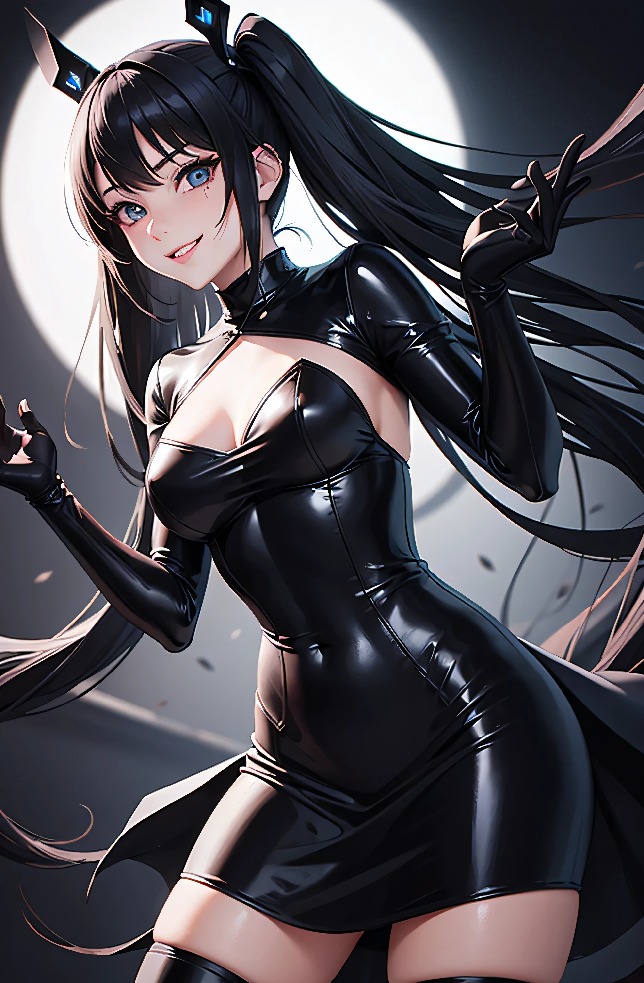 best quality, manga style, beautiful woman face, fear, horror-like smile, eyes and mouth painted in matte black, light up, background black, dark,evil smile,evil laugh at,looking at viewer,twintail,latex,elbow gloves,