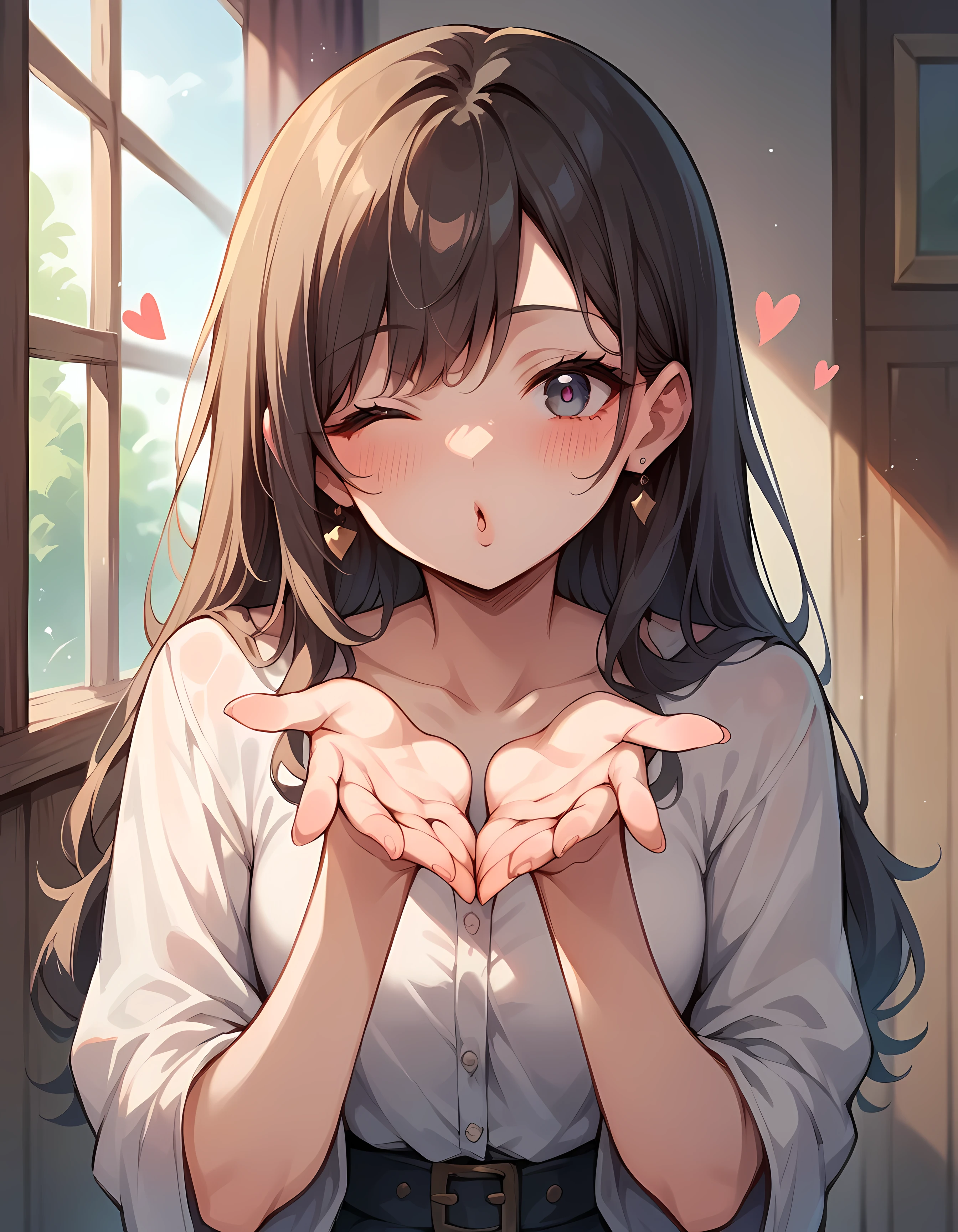 score_9, score_8_up, score_7_up, score_6_up, 1girl, long hair, blowing kiss, k1ss3s, looking at viewer, heart, one eye closed, blush